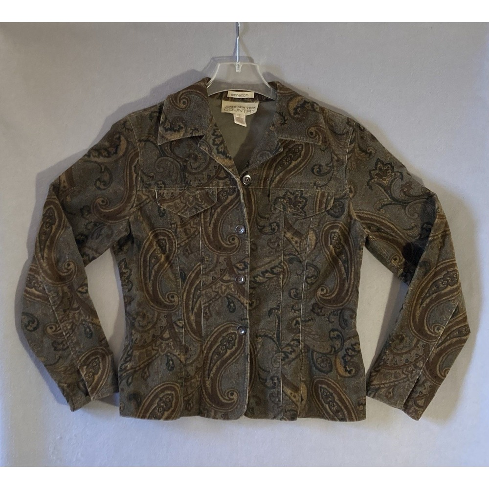 Jones New York Country Corduroy Jacket Sz 6 Brown Paisley Stretch Trucker Coat - Picture 1 of 9